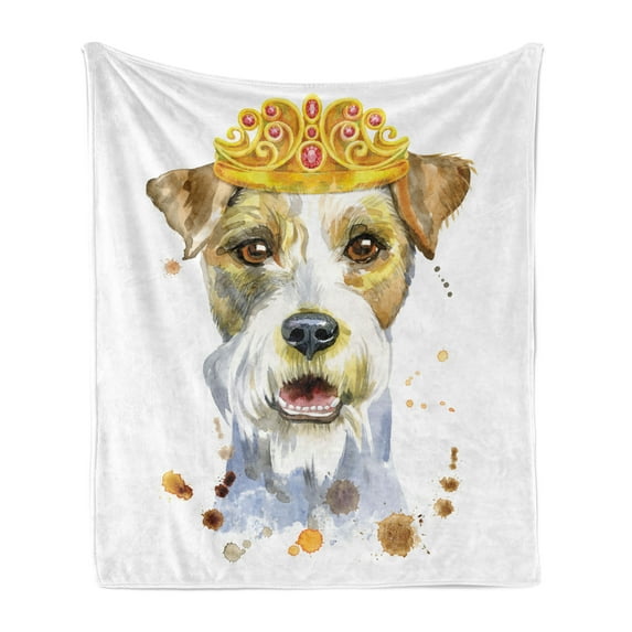 Airedale Soft Flannel Fleece Throw Blanket, Watercolor Portrait of Royal Terrier with Crown, Cozy Plush for Indoor and Outdoor Use, 50" x 60", White Multicolor, by Ambesonne