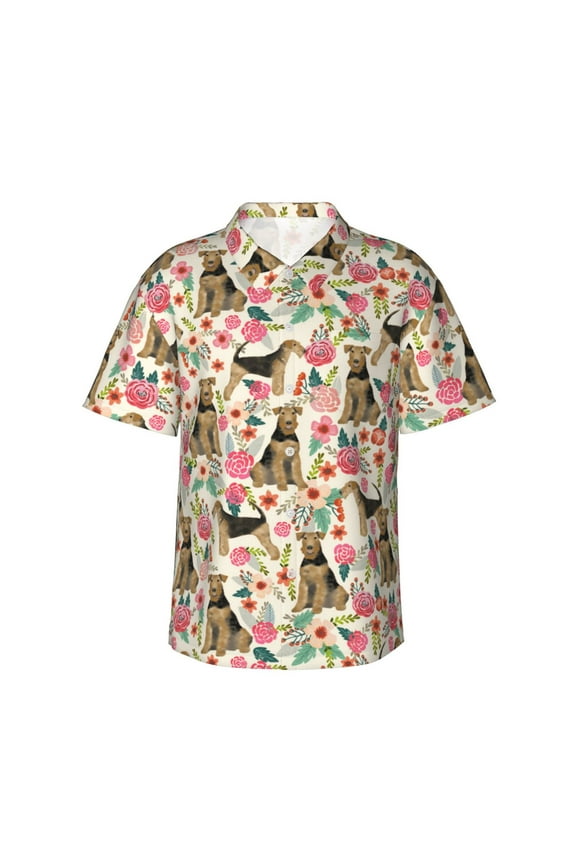 Airedale Terrier Dog Floral Flower Men'S 3d Print Casual Button Down Shirts, Novelty Hawaiian Short Sleeves 3xl
