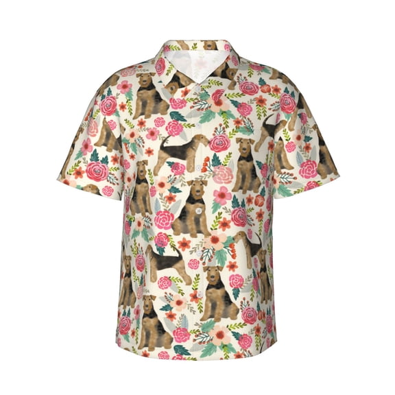 Airedale Terrier Dog Floral Flower Men'S 3d Print Casual Button Down Shirts, Novelty Hawaiian Short Sleeves L