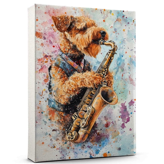 Airedale Terrier Dog Playing Saxophone Wall Stretched Canvas Size 8x12 – Airedale Terrier Canvas Art for Dog Lovers, Saxophone Canvas Wall Decor