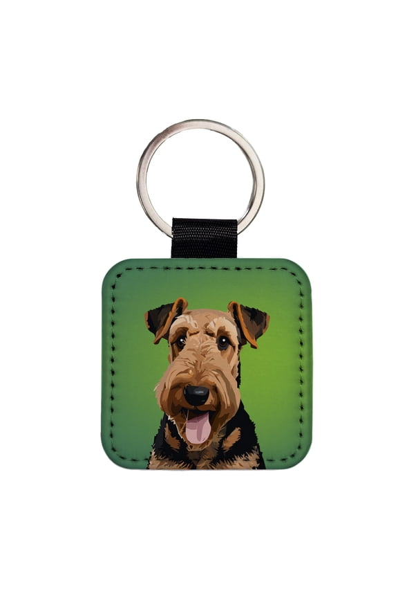 Airedale Terrier Dog Portrait Faux Leather Square Keychain