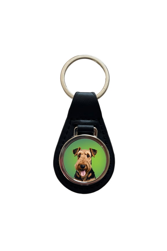 Airedale Terrier Dog Portrait Metal Black Leather Keychain