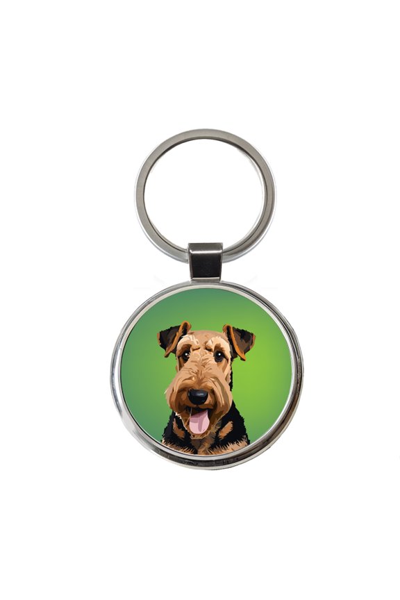 Airedale Terrier Dog Portrait Metal Round Keychain