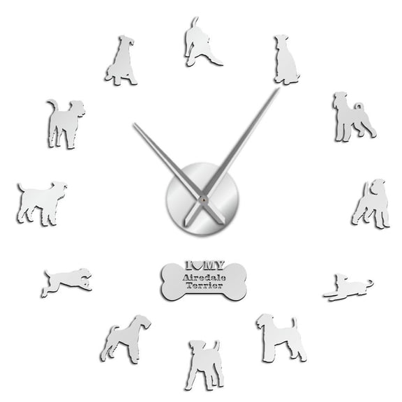Airedale Terrier Dog Silhouette Frameless Wall Clock Stickers, DIY Modern Decorative Clocks for Living Room, Bedroom, Office - Easy to Install, Large 3D Clock Design (Silver,27in)