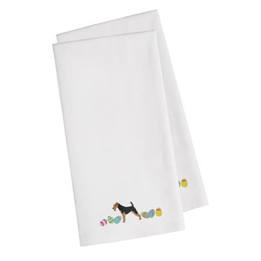 Airedale Terrier Easter White Embroidered Kitchen Towel - Set of 2