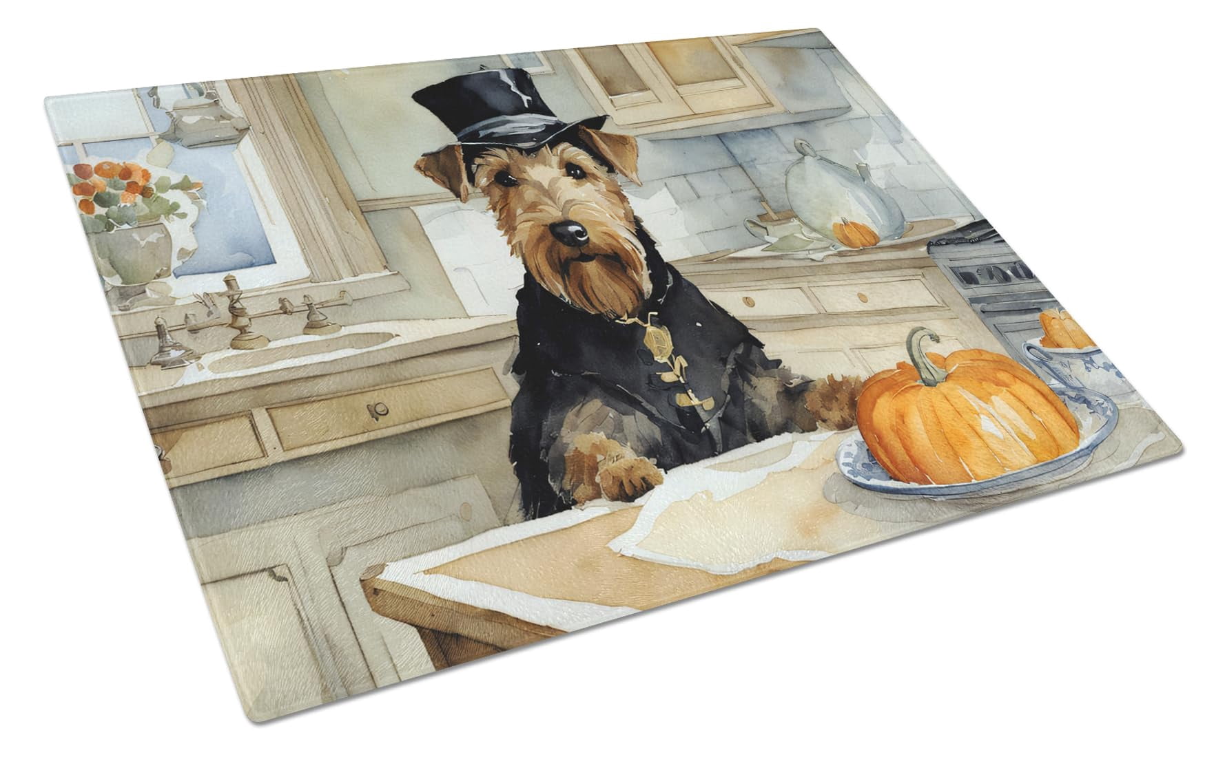 Airedale Terrier Fall Kitchen Pumpkins Glass Cutting Board Large 12 in x 15 in