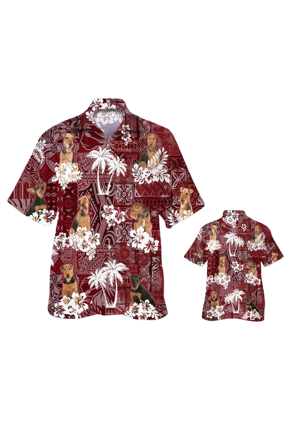 Airedale Terrier Hawaiian Shirt, Dog Hawaii Shirt Red Tribal Pattern