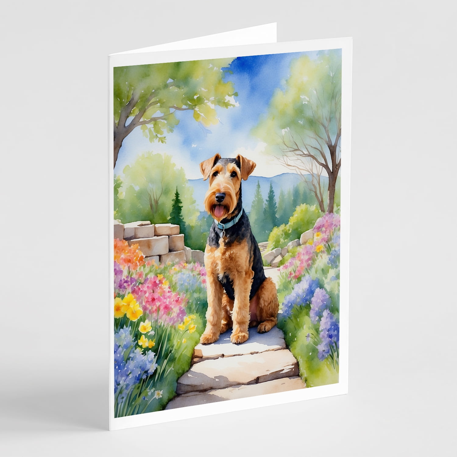 Airedale Terrier Spring Garden Greeting Cards Pack of 8 7 in x 5 in