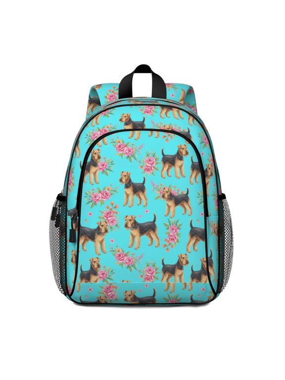 Airedale Terrier and Roses Blue Pattern Backpack for School, Cute School Bag with Adjustable Shoulder Straps and Padded Back, 15"x11.42"x5.5"