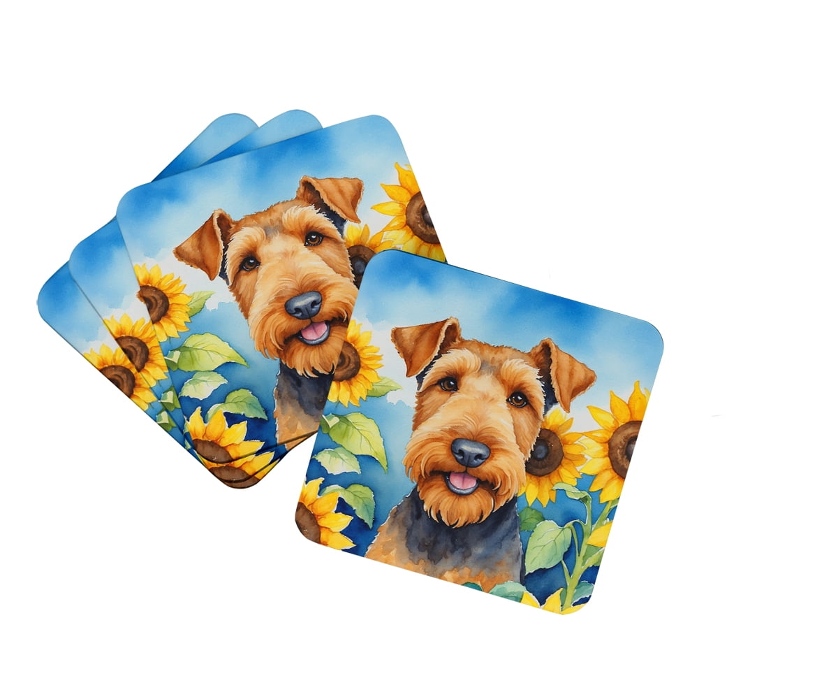 Airedale Terrier in Sunflowers Foam Coasters 3.5 in x 3.5 in