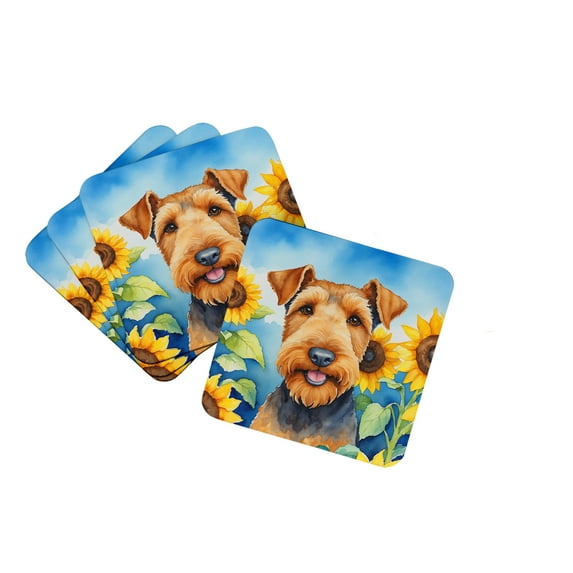 Airedale Terrier in Sunflowers Foam Coasters 3.5 in x 3.5 in