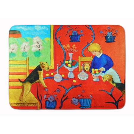 Airedale Terrier with lady in kitchen Machine Washable Memory Foam Mat