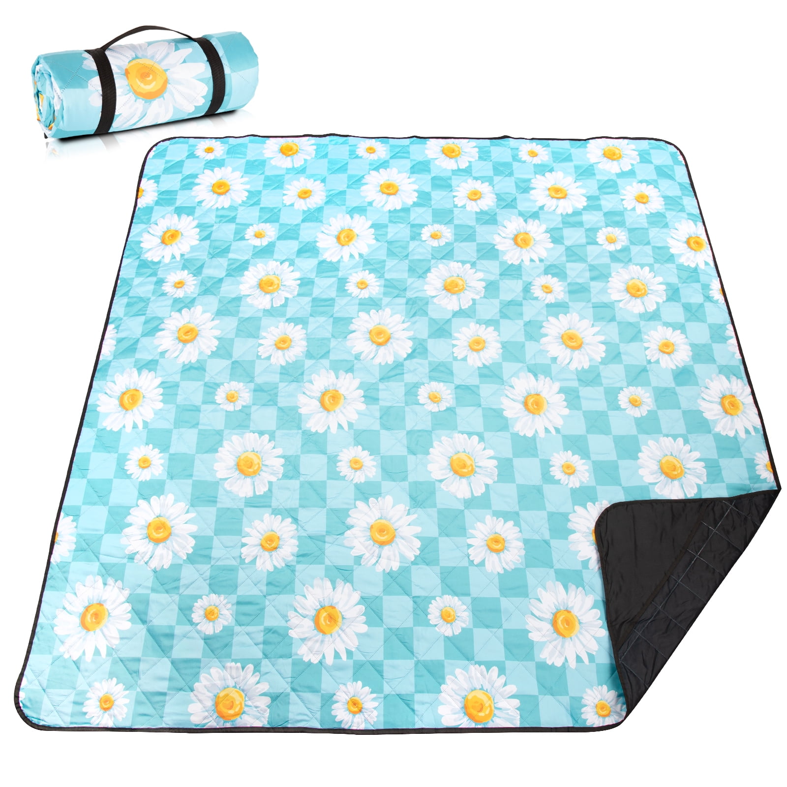 Ozark trail blue patterned outdoor blanket with fleece top and waterproof bottom for camping tunafish and picnics