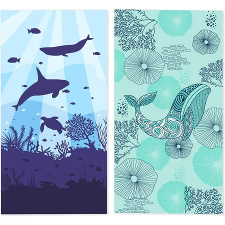 Airensky Microfiber Beach Towel, Oversized Pool Towel 72" x 36", Sand-Free Beach Towel, Quick Drying, Super Absorbent, Soft Breathable (2 Pack Shark+Dolphin)