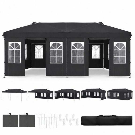 Airfind 10 x 20 FT Pop Up Canopy Tent with 6 Sidewalls and Adjustable Height, PE Metal Fabric Frame, 20 x 10 x 8.5/8.2/7.9 ft Footprint, Black