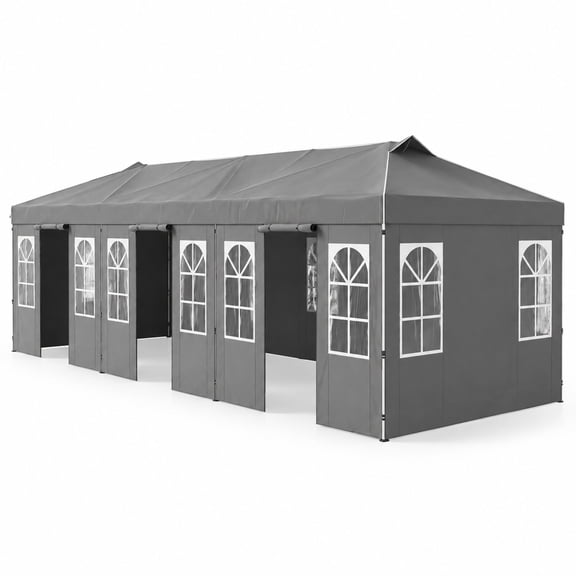 Airfind 10 x 30 FT Pop Up Canopy Tent with 8 Sidewalls and Adjustable Height, PE Metal Fabric Frame, 30 x 10 x 8.5/8.2/7.9 ft Footprint, Grey