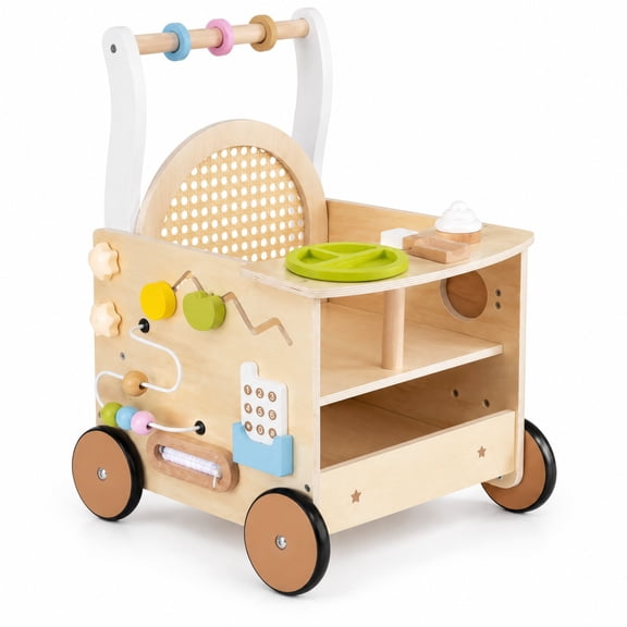 Airfind 13-In-1 Toddler Wooden Push Walker with Wheels and Storage, Engineered Wood PE Rattan Frame, for 1+ Years Old, 14" x 12.5" x 20" Footprint