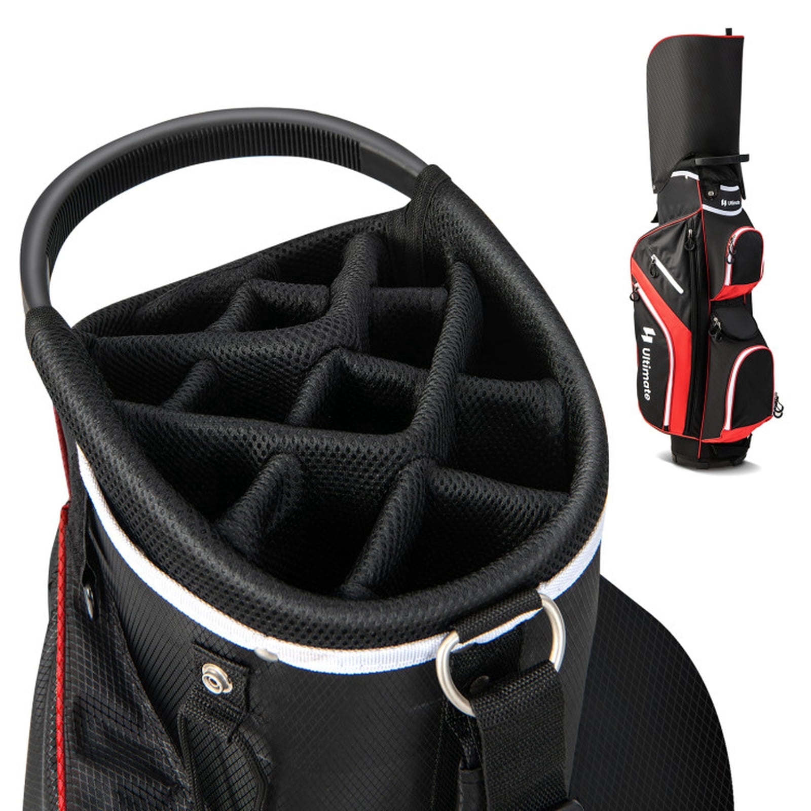Airfind Tour-Cart 14-Way Golf Cart Bag with Color-Matched Rain Hood and Towel Ring featuring 9 zip pockets and a 9 in cart-well base for cart play, Sport Red