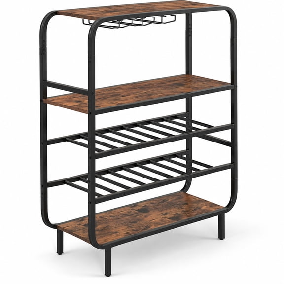 Airfind 16 Bottle Wine Rack with 5-Tier Wine Shelf and Glass Holders for Kitchen Bar, Tier 44 lbs Capacity, Metal Engineered Wood Frame, Brown