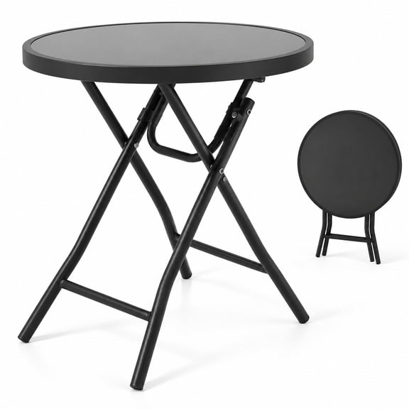 Airfind 18 Inch Folding Side Table Patio Round Compact Coffee Table, 110 lbs Capacity, Metal Tempered Glass Frame, 18" x 19" Footprint, Black