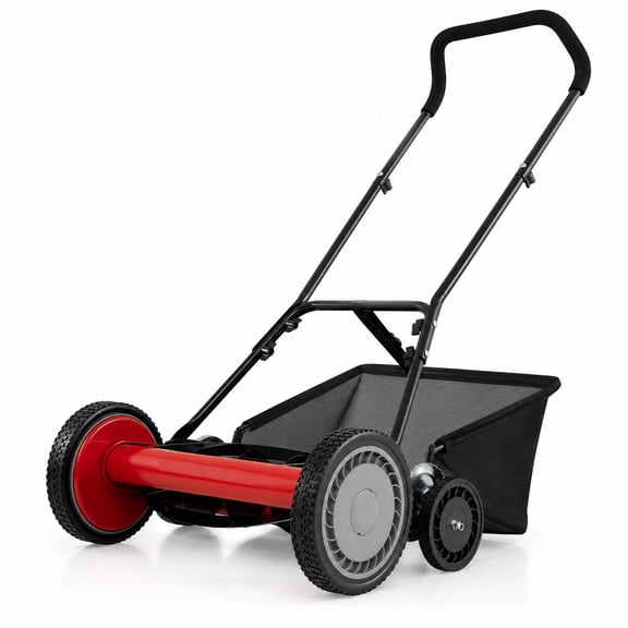 Airfind 18 Inch Push Reel Lawn Mower 4-Position Adjustable with Removable Grass Catcher, Manganese Steel Metal PVC PP PE Mesh Frame, Red