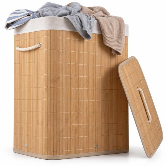 Airfind 19 Gal Bamboo Clothes Hamper with Removable Liner and Portable Handles, 33 lbs Capacity, Bamboo Polyester Cotton Metal Engineered Wood Frame