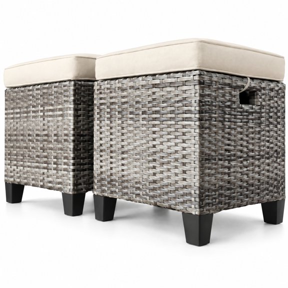 Airfind 2 Pieces Patio Rattan Ottoman Seat with Removable Cushions, PE rattan steel sponge Frame, 16" x 16" x 18" Footprint, Beige