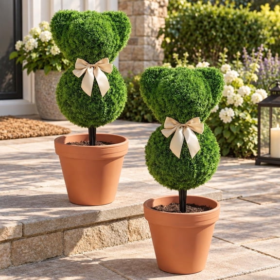 Airfind 2 Pieces Teddy Bear Topiary Trees Sun, PE Frame, 10" x 9" x 24" Length of Ground Spike 10" Footprint, Green + Golden