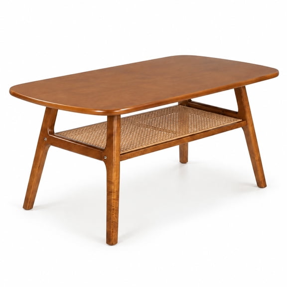Airfind 2-Tier Boho Rattan Coffee Table with Rounded Corners, 175 lbs Capacity, Rubber Wood Engineered Wood Plastic Rattan Frame, Walnut