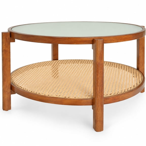 Airfind 2-Tier Rattan Coffee Table with Frosted Tempered Glass Top and Wood Legs, 110 lbs Capacity, 35" x 35" x 18" Tabletop Footprint, Walnut