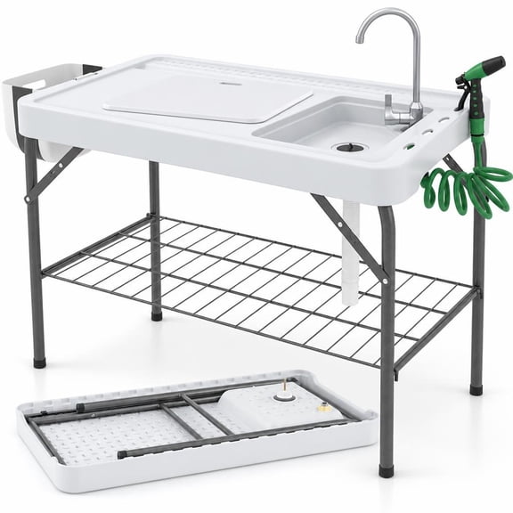 Airfind 2 in 1 Folding Fish Cleaning Table with Sink and Faucet for Patio BBQ, 330 lbs Capacity, HDPE Metal Stainless Steel Frame, White+Black