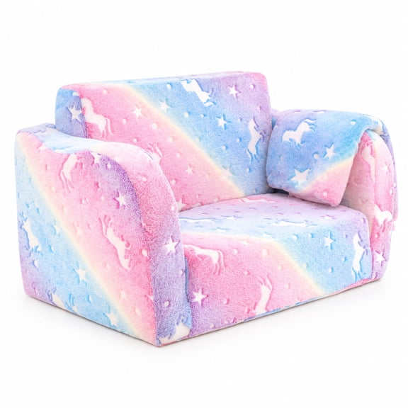 Airfind 2-in-1 Folding Kids Couch with Blanket Glow in the Dark, Flannel Fabric Foam Frame, for 3+, Rainbow