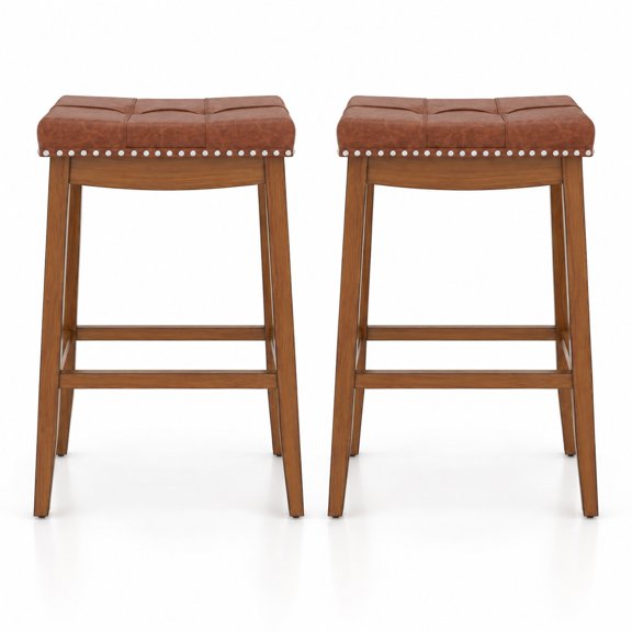 Airfind 25/29 Inch Set of 2 Upholstered PU Leather Bar Stools with Saddle Seat-29 inches, 285 lbs Capacity, Rubber Wood PU Sponge Frame, Brown
