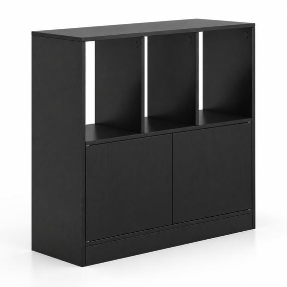 Airfind 3-Cube Bookcase with Doors 3-Tier Cubic Bookshelf with Open Compartments and Cabinet, 33 lbs Capacity, Engineered Wood MDF Frame, Black