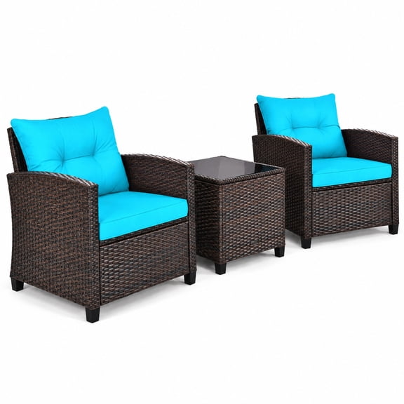 Airfind 3 Pcs Patio Rattan Furniture Set Cushioned Conversation Set Coffee Table, 70 lbs Capacity, rattan steel polyester fabric sponge Frame