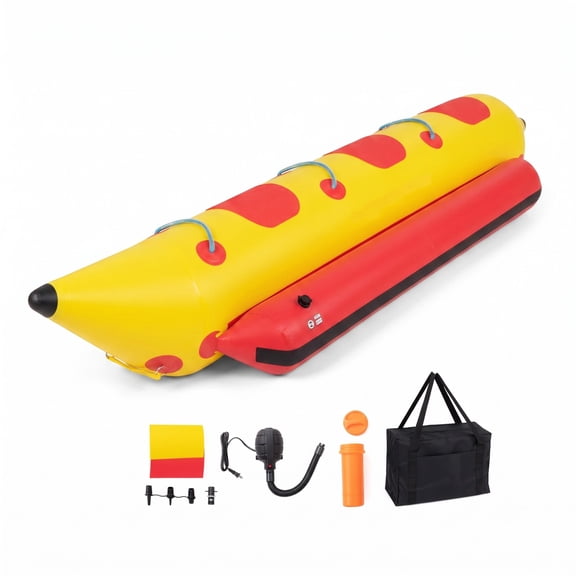 Airfind 3 Person Inflatable Banana Boat with Electric Air Pump Carrying Bag and Repair Kit for Lake and Sea Towing, Red and Yellow