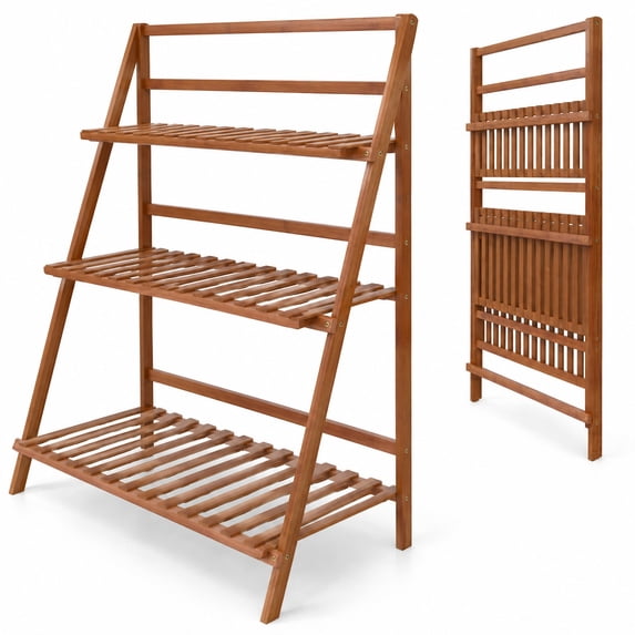 Airfind 3-Tier Bamboo Ladder Shelf Foldable Plant Flower Bookshelf ...