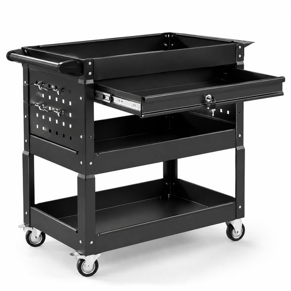Airfind 3 Tier Rolling Tool Cart with Lockable Drawer for Garage and Workshop, 350 lbs Capacity, Metal PP Frame, 33" x 14" x 30" Footprint, Black