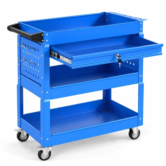 Airfind 3 Tier Rolling Tool Cart with Lockable Drawer for Garage and Workshop, 350 lbs Capacity, Metal PP Frame, 33" x 14" x 30" Footprint, Blue