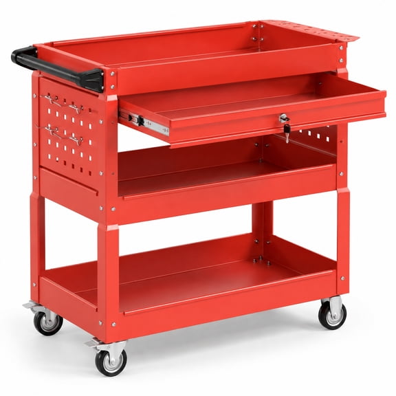 Airfind 3 Tier Rolling Tool Cart with Lockable Drawer for Garage and Workshop, 350 lbs Capacity, Metal PP Frame, 33" x 14" x 30" Footprint, Red