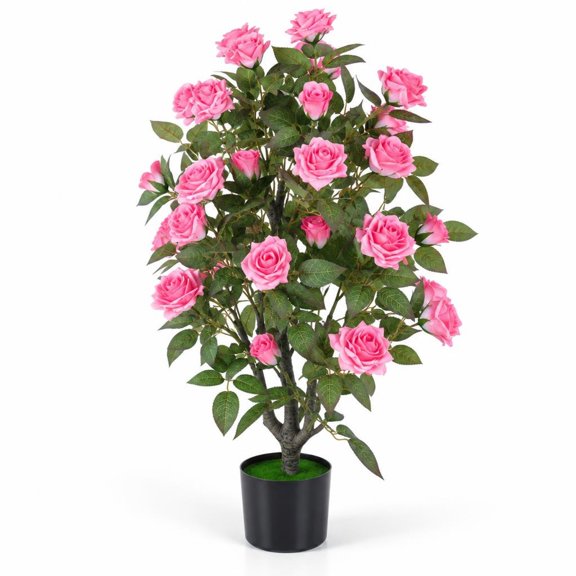 Airfind 35.5" Artificial Rose Tree with Blooming Flowers and Green Leaves for Indoor, Silk Fabric Rubberized Fabric PE PP Tree Height 35.5" Frame