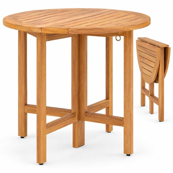 Airfind 36 Inches Outdoor Folding Round Dining Table with Slatted Tabletop, 180 lbs Capacity, Acacia Wood Frame, 36" x 29.5" Footprint, Teak