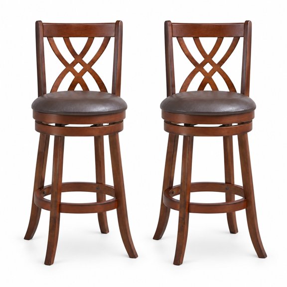 AIRFIND Swivel Bar Stools Set of 2, 30 Inch Rubber Wood Barstools with Cushioned PU Leather Seat and Crossed Back for Kitchen Island, Brown