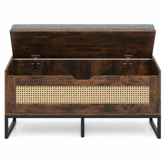 Airfind 39.5" Rattan Storage Chest Wicker Shoe Bench with Padded Seat Flip-Top, 440 lbs Capacity, Engineered Wood PE Rattan Metal Frame, Brown