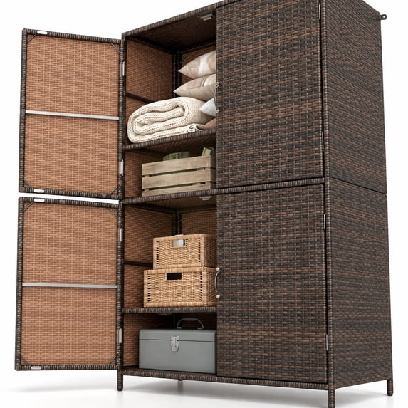 Pe Rattan Airfind 4-Door Rattan Vertical Storage Shed with Adjustable Shelves ...