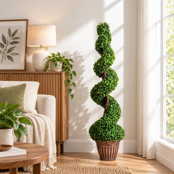 Airfind 4 Feet Artificial Boxwood Spiral Green Leaves Tree, PE Metal Cement Foam PP Tree Height 47 Flower Pot Frame, Green