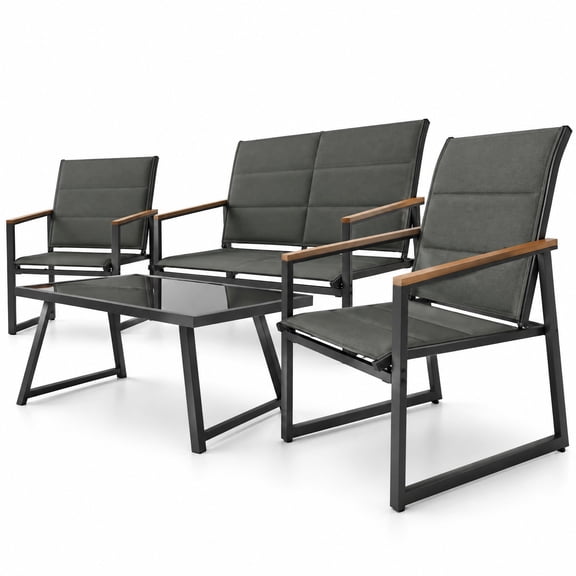 Airfind 4-Piece Outdoor Conversation Patio Furniture Set, 660 lbs Capacity, Metal Fabric Tempered Glass Sponge WPC Frame, 28" x 26" x 33" Footprint