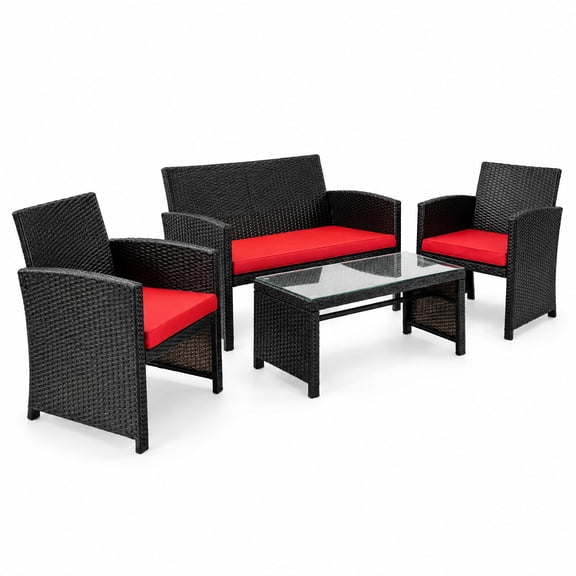 Airfind 4 Pieces Patio Rattan Cushioned Furniture Set, Rattan Frame, 43.5" x 25" x 31" Footprint, Red