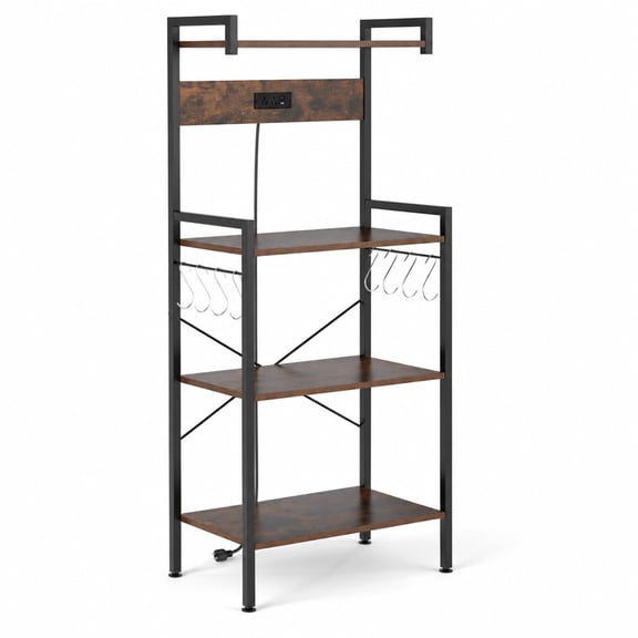 Airfind 4-Tier Kitchen Bakers Rack with Power Outlet and 8 Hooks, Shelf 55 lbs Capacity, Engineered Wood Metal Frame, Brown