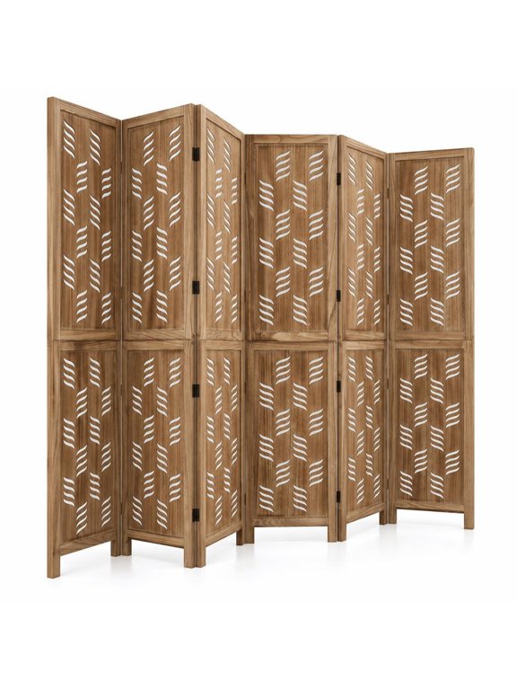 5.5 FT Tall Room Divider 6 Panels with Wave Cutout & Paulownia Frame for Room, Paulownia Wood Metal Frame, 95" x 67" Footprint, Brown